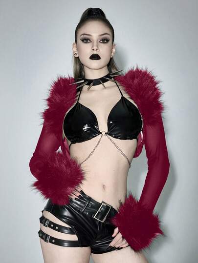 Grunge Punk Cárdigan corto con cuello de peluche negro, estilo patchwork de malla, estilo Harajuku Y2K para mujeres, se puede combinar con camiseta o vestido