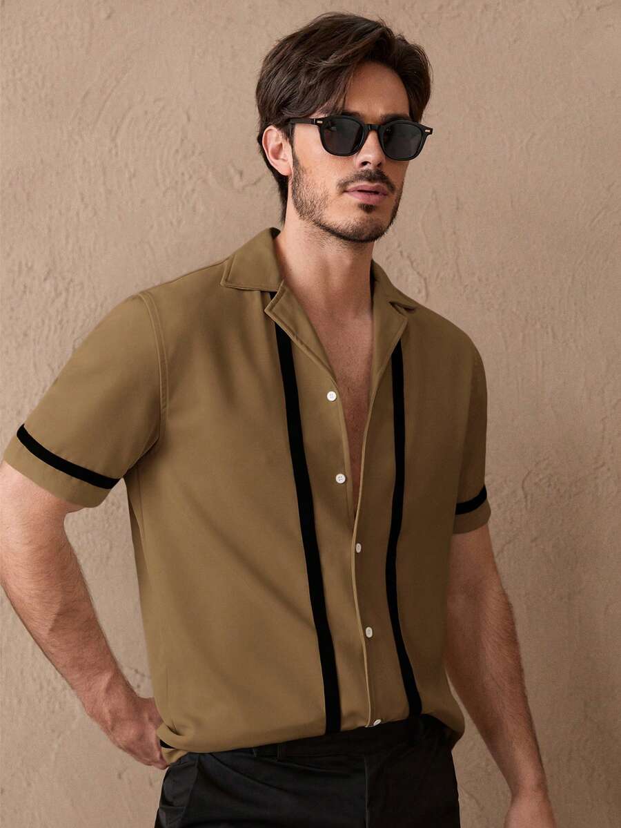 Manfinity VCAY Herren-Freizeithemd mit kontrastfarbenem, einreihigem Kurzarm-Design, ideal für Pendler und Freizeit. Auch in Schwarz und Khaki erhältlich. Herrenhemd in Hellbraun und Braun. Herrenhemd aus Seide. - Khaki - Übersicht 1