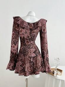 SHEIN Unity 1 件女士棕色印花深 V 领系带腰部荷叶边下摆休闲/工作连衣裙，秋季 - 棕色 - 查看 2
