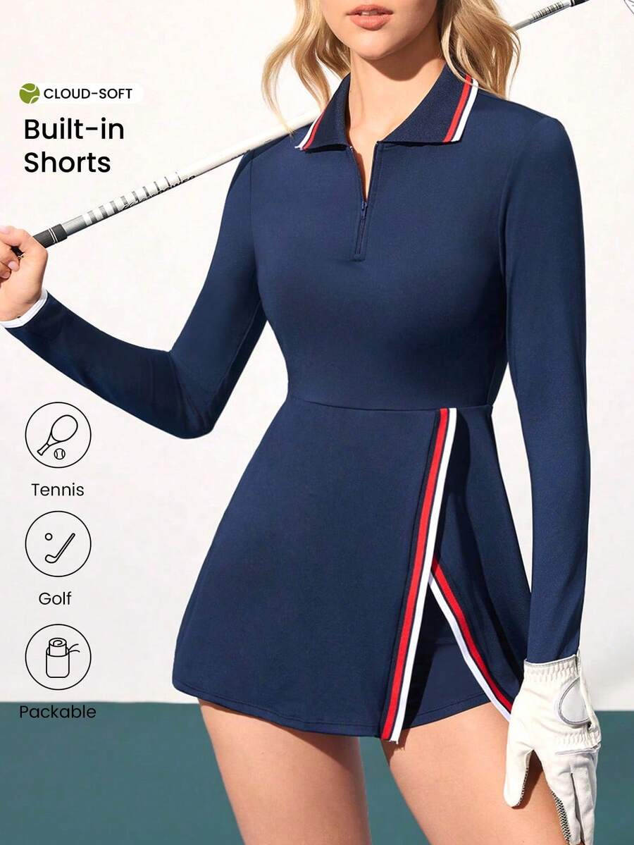 CourtClass Camisa polo feminina minimalista de manga comprida com blocos de cores, ideal para golfe e uso diário. - Azul marinho - Ver 1