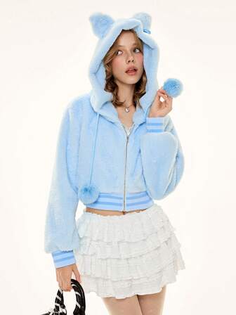 Chaqueta corta de mujer con orejas de gato 3D de peluche estilo Kawaii