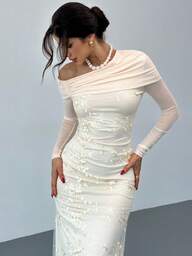 Firerie Elegantes, exquisites, romantisches, würdevolles Damen Langarm Bodycon Kleid mit besticktem Mesh und asymmetrischer Schulter, geeignet für Dates, Bälle, Partys, Silvester Feiertage, Mode