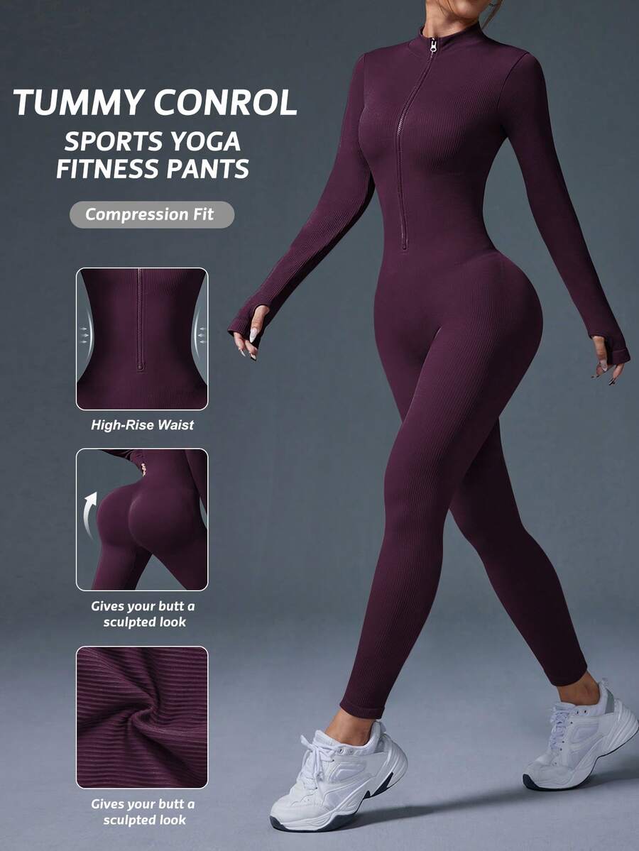 Easithlete Women's Ribbed Zipper Long Sleeve Jumpsuit - Purple - View 1