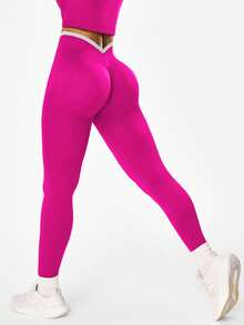 Easithlete 1pc Women's Seamless Knit Leggings, Stretchy Tight Fit With V-Shaped Waistband, Rose Red