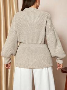 SHEIN LUNE كارديجان أنيق للنساء ذوات الحجم الكبير، كتف منسدل، خصر مشدود، أزرار معدنية، كنزة صوفية صوفية شتوية جديدة لعام جديد، ملابس شتوية دافئة وناعمة للنساء - لون مشمشي - مشاهدة 3