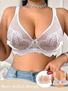 SHEIN 1pc Plus Size Women Lace Bow Decor Fashion Underwire Lingerie Bra - White - View 5