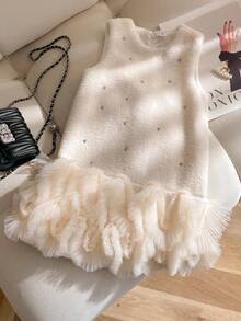 Elladie kids 年轻女孩时尚可爱甜美网纱下摆无袖闪亮串珠白色公主风派对连衣裙