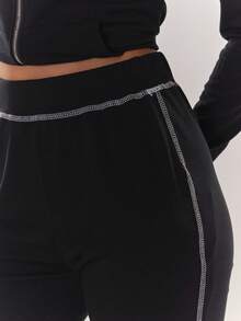 MUSERA Fitted Flare Contrast Stitch Jersey Trousers EverydayY2k Essentials - Black - View 5