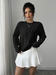 Elenzga Women's Crew Neck Floral Pattern Solid Color Pullover Sweater - Black - View 6