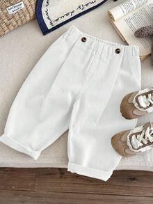 SHEIN LMoss Kids Baby Girl Waist Button Design Casual Loose Denim Harem Pants - White - View 4