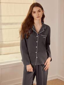 MOTF PREMIUM WOMEN CONTRAST PIPING LONG SLEEVE TOP & PANTS PAJAMA SET - Grey - View 5