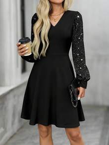 EMERY ROSE 女士休闲亮片收腰长袖短连衣裙，适合秋冬季穿着 - 黑色 - 查看 4