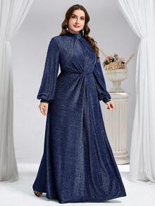 Coutiva Abendkleid für Mollige Frauen mit Stehkragen, Laternärmeln, Raffungen und Glitzer (stark verziert) - marineblau - Übersicht 6