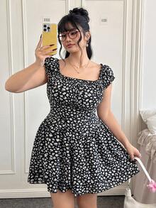 CovetEZ Plus Size Ditsy Floral Casual Romper, Spring/Summer - Multicolor - View 6