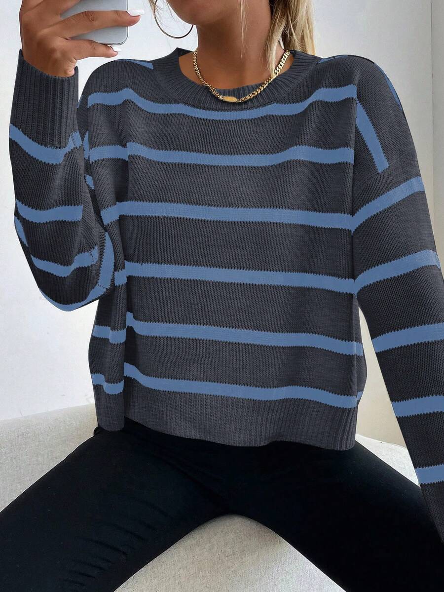 EMERY ROSE Casual Round Neck Black & White Striped Pullover Sweater, College Style - Dark Grey - View 1