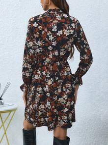 Louniche Women's Floral Print Collared Waist Cinched Long Sleeve Short Dress, Brown Tones, Autumn/Winter - Brown - View 2