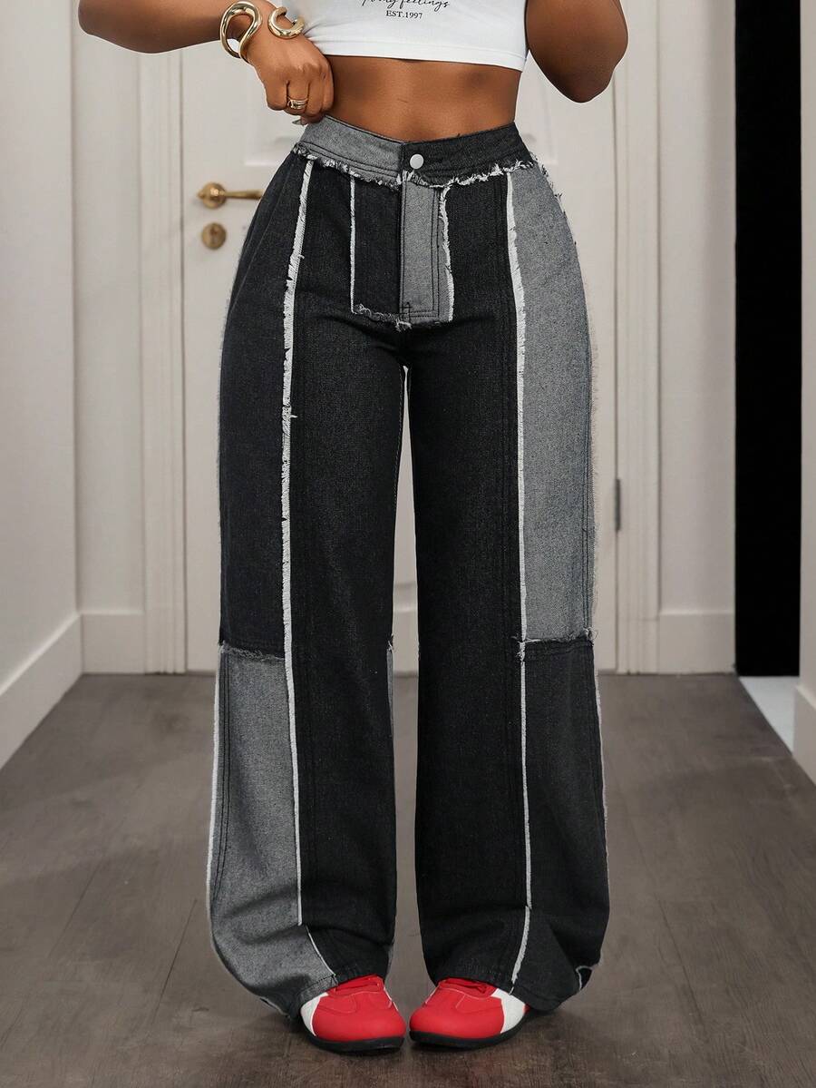 SHEIN VaVaLuxe Women's Casual Everyday Contrast Color Frayed Hem Loose Straight Leg Jeans - Black - View 1