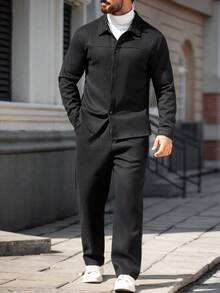 Manfinity Homme 男士纯色单排扣西装外套和裤子休闲套装 - 黑色 - 查看 5