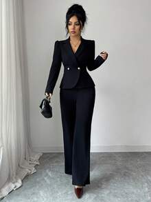 SHEIN Elenzya 优雅浪漫简约商务女士套装，长袖设计，腰部收紧 - 黑色 - 查看 4