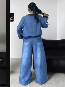 Vibekara 大码秋冬仿牛仔印花长袖拉链夹克 + 直筒宽松仿牛仔印花裤，优雅复古休闲度假运动学院风两件套 - 寶藍色 - 查看 3