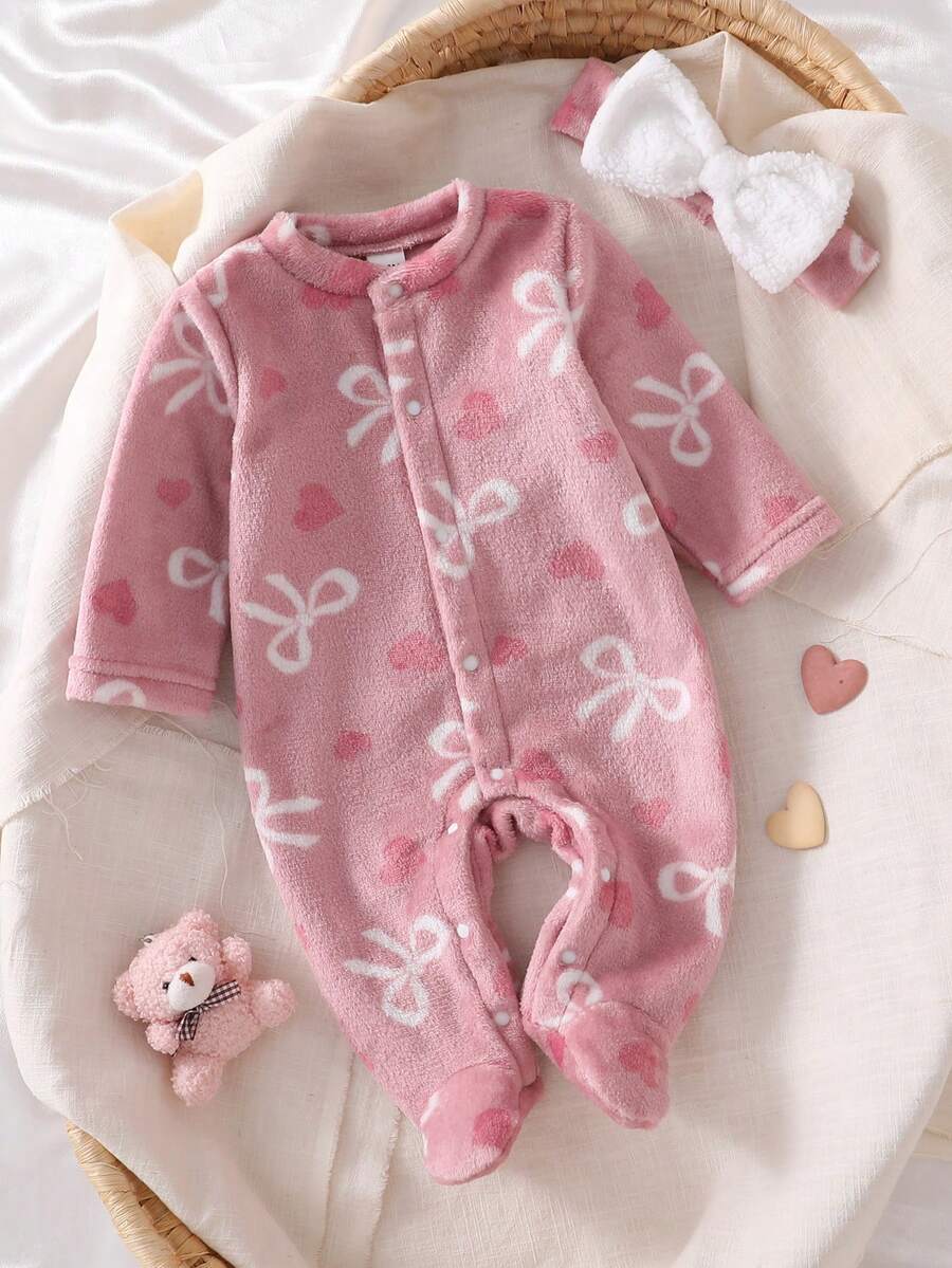 1件新生儿粉色毛绒蝴蝶结长袖连体衣和发带套装，舒适睡衣，适合秋冬季新生儿礼物 - 粉色 - 查看 1