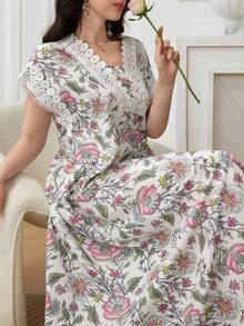 Modelyn 优雅花卉印花拼接蕾丝边长袖连衣裙（女款） - 彩色 - 查看 8