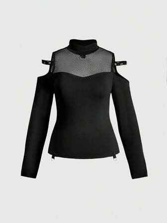 Grunge Punk Camiseta de manga larga con diseño de hombros descubiertos, material de malla y detalles metálicos, talla grande y estilo punk sexy