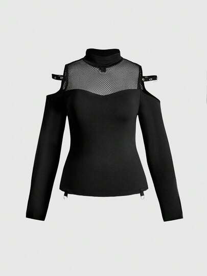 Grunge Punk تي شيرت بأكمام طويلة بتصميم كتف مكشوف من خامة شبكية بطراز بانك جريء وجذاب للمقاسات الكبيرة