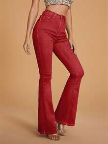 Selenza Women's Street Style Pocketed Flare Leg Jeans - Red - View 5