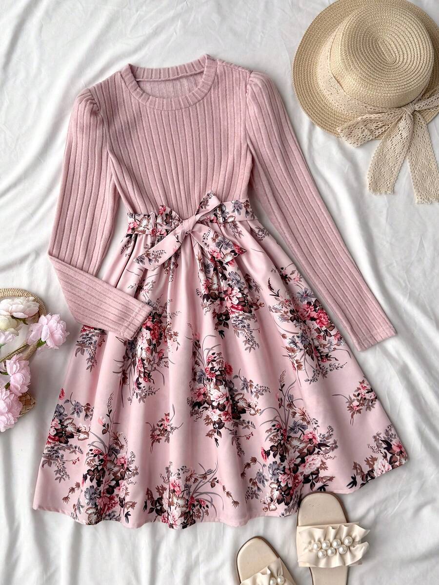 少女碎花拼接圆领长袖休闲连衣裙 - 粉色 - 查看 1