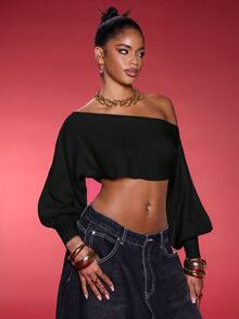 Normani 灯笼袖针织露肩毛衣上衣优雅春假可爱性感90年代夏季甜美缪斯、Y2k上衣伊比沙岛节日秋季冬季日常圣诞节 - 黑色 - 查看 5