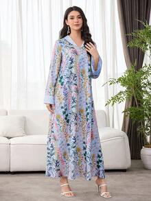 SHEIN Najma 优雅印花长袖宽松阿拉伯风格女式连衣裙 - 彩色 - 查看 4