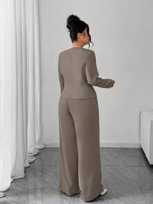 Elenzga Plus Size Women's Elegant V-Neck Cinched Waist Asymmetric Hem Long Sleeve Blazer Suit Set Gray Two-Piece Set With Cinched Waist - Khaki - View 2