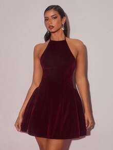 Glamine 优雅简约勃艮第红针织无袖褶饰女式连衣裙，适合宴会、茶会