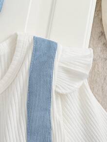 SHEIN 女婴秋冬季拼接撞色灯芯绒花卉装饰连体衣 - 藍色 - 查看 4