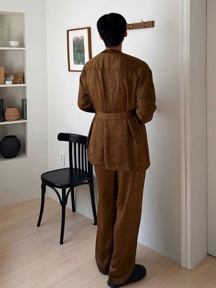 Men's Long Shirt & Loungewear Set With Dark Gold Accents, Autumn