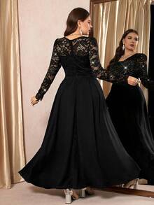 Clasi Vestido elegante de encaje y parches para fiesta de talla grande - Negro 6 - Ver 2