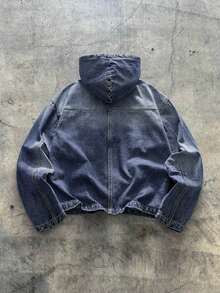 AXEPEAK 男士水洗连帽夹克，高端翻领时尚飞行员夹克 - 藍色 - 查看 2