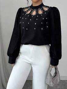 Modelyn 女士加大码黑色水钻镂空泡泡长袖休闲衬衫，秋季款 - 黑色 - 查看 3