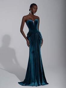 Elitara 优雅、奢华、时尚、性感、酒红色、天鹅绒面料、胸罩杯、鱼尾裙摆、拖尾、适合度假、婚礼活动、单身派对、正式舞会礼服、正式晚宴礼服 - 水鴨藍 - 查看 1