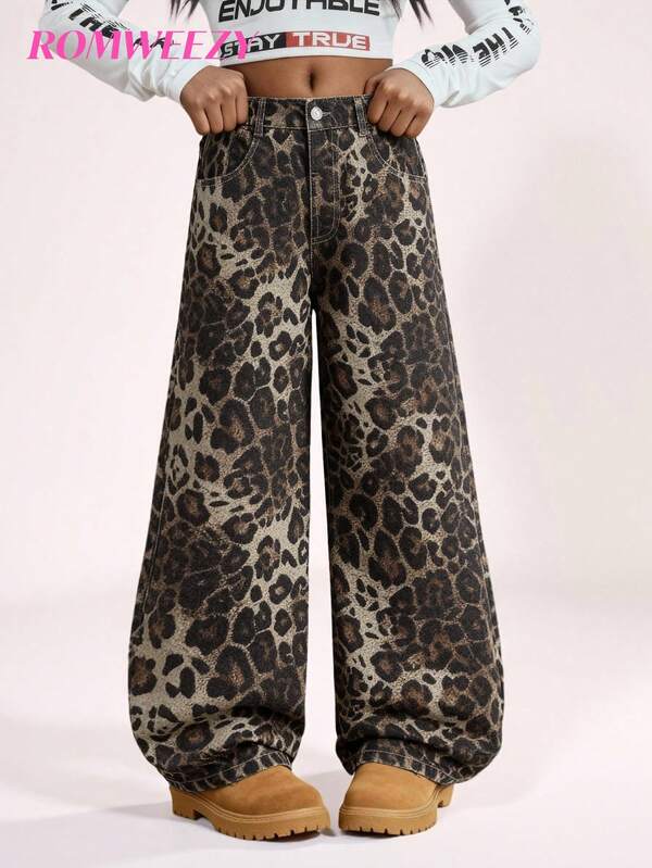 SHEIN Oversized Vintage Y2K Casual Loose Fit Flare Leg Jeans For Teenage Girls, Coffee Brown Leopard Print, Elastic Waist & Button Closure, Comfortable And Flattering, Suitable For Casual Outings, Dates, Outdoor Activities, And Daily Street Style, Versatile All-Season Item