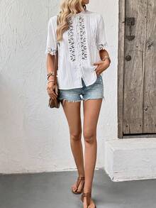 Breezaya Camisa con botones y encaje de unicolor para el tiempo libre de las señoras