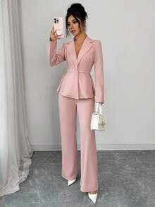 SHEIN Elenzya 女士优雅荷叶边下摆西装外套搭配直筒裤套装，浪漫精致的商务装扮 - 粉色 - 查看 3