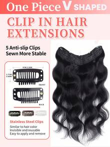 V型一体式夹式真人发接发，5个夹子，自然黑色水波纹，夹式发片，增加发量，波浪接发，易于安装，女士接发 - Natural Black - 查看 10