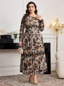 Modelyn Plus Size Women's Oblique Collar Long Sleeve Ruffle Bowknot A-Line Waist Tie Belted Slim Fit Casual Elegant Maxi Dress, Suitable For Office, Airport, Commute, Family Gathering, Party, Business Attire - Multicolor - View 4