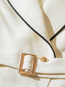 GlowEve Blazer de manga corta con abotonadura sencilla, ribete de color block para mujer, ideal para el uso diario en verano - Albaricoque - Ver 4