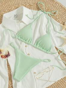 Swim Mod 2026 Spring/Summer Women's Vacation Special Fabric Spaghetti Strap Halter Mint Green Sexy Thong Bikini Two Pieces Swimsuit - Mint Green - View 1