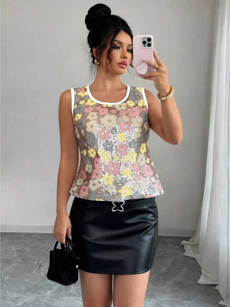 Rafferiza Women's Sleeveless Sequin Tank Top, Round Neck All-Match Camisole, Fashionable And Versatile For Daily Wear - Multicolor - View 1