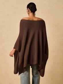 Travachic Áo len Poncho rộng rãi hở vai màu trắng cỡ lớn dành cho nữ, mùa thu/đông - màu nâu - Xem 2
