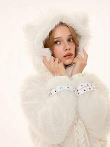 ROMWE Kawaii Women's Cute & Sweet Cat Ear Bow Fuzzy Cardigan Sweater - Beige - View 6